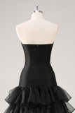 Black Strapless Tulle Tiered Formal Dress with Ruffles