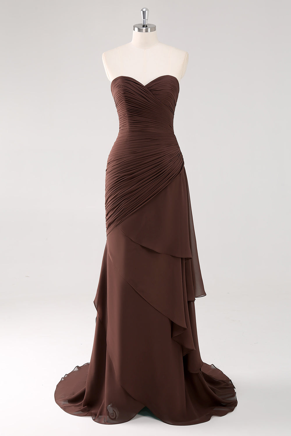 Dark Brown A-Line Sweetheart Ruched Ruffled Long Formal Dress