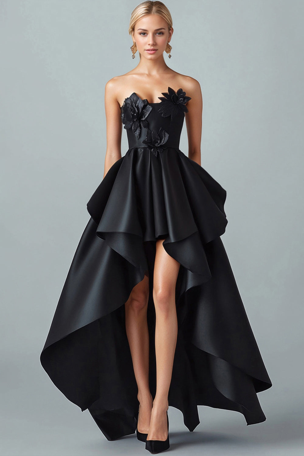 Sparkly Black High-Low A-Line Strapless 3D Flowers Ruffle Satin Formal Dress