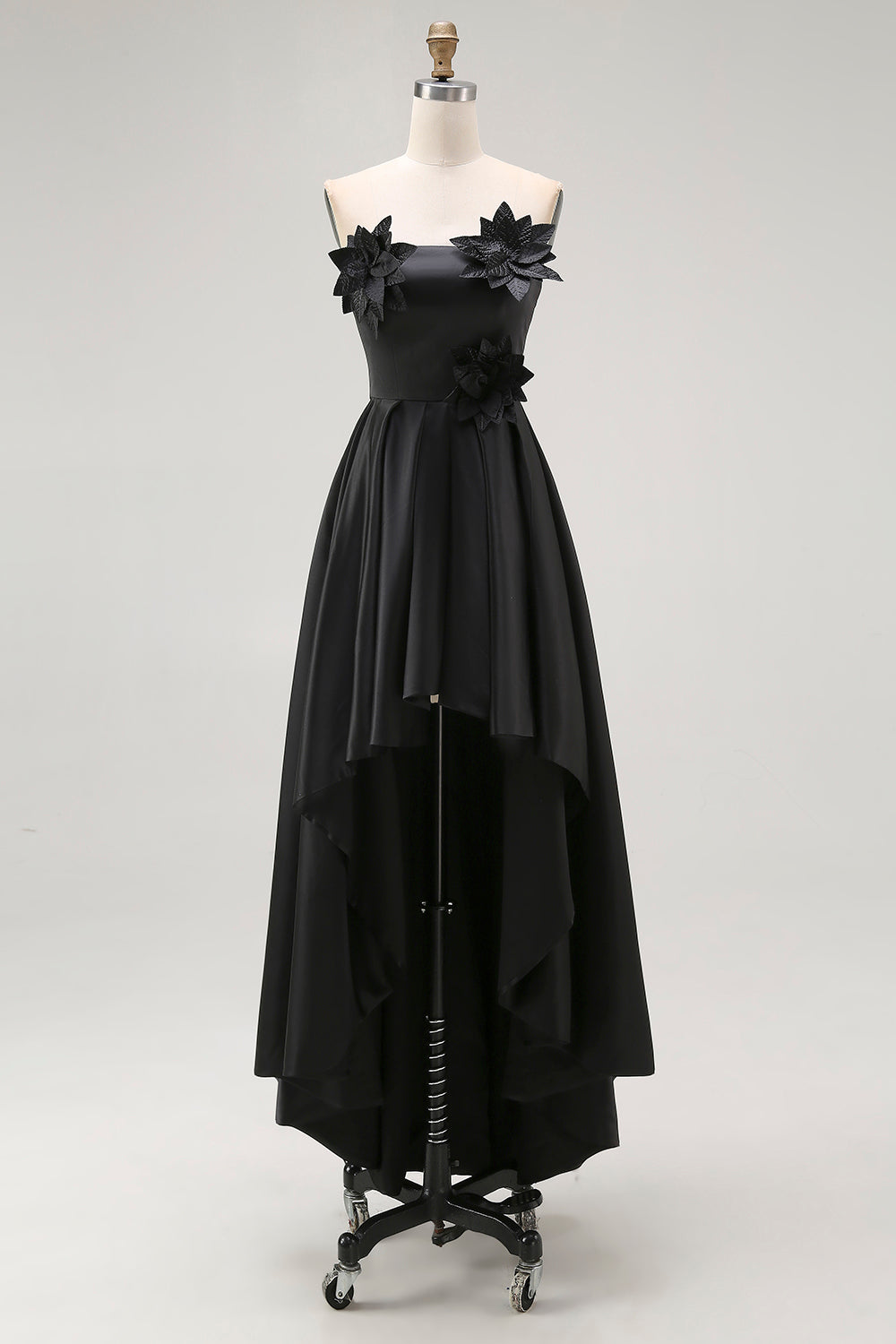 Sparkly Black High-Low A-Line Strapless 3D Flowers Ruffle Satin Formal Dress
