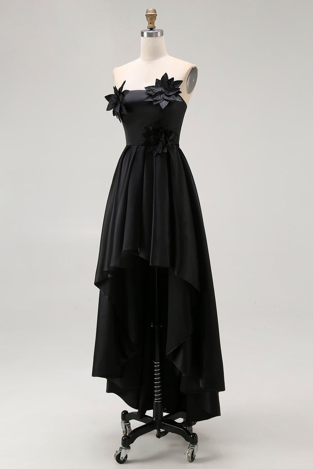 Sparkly Black High-Low A-Line Strapless 3D Flowers Ruffle Satin Formal Dress