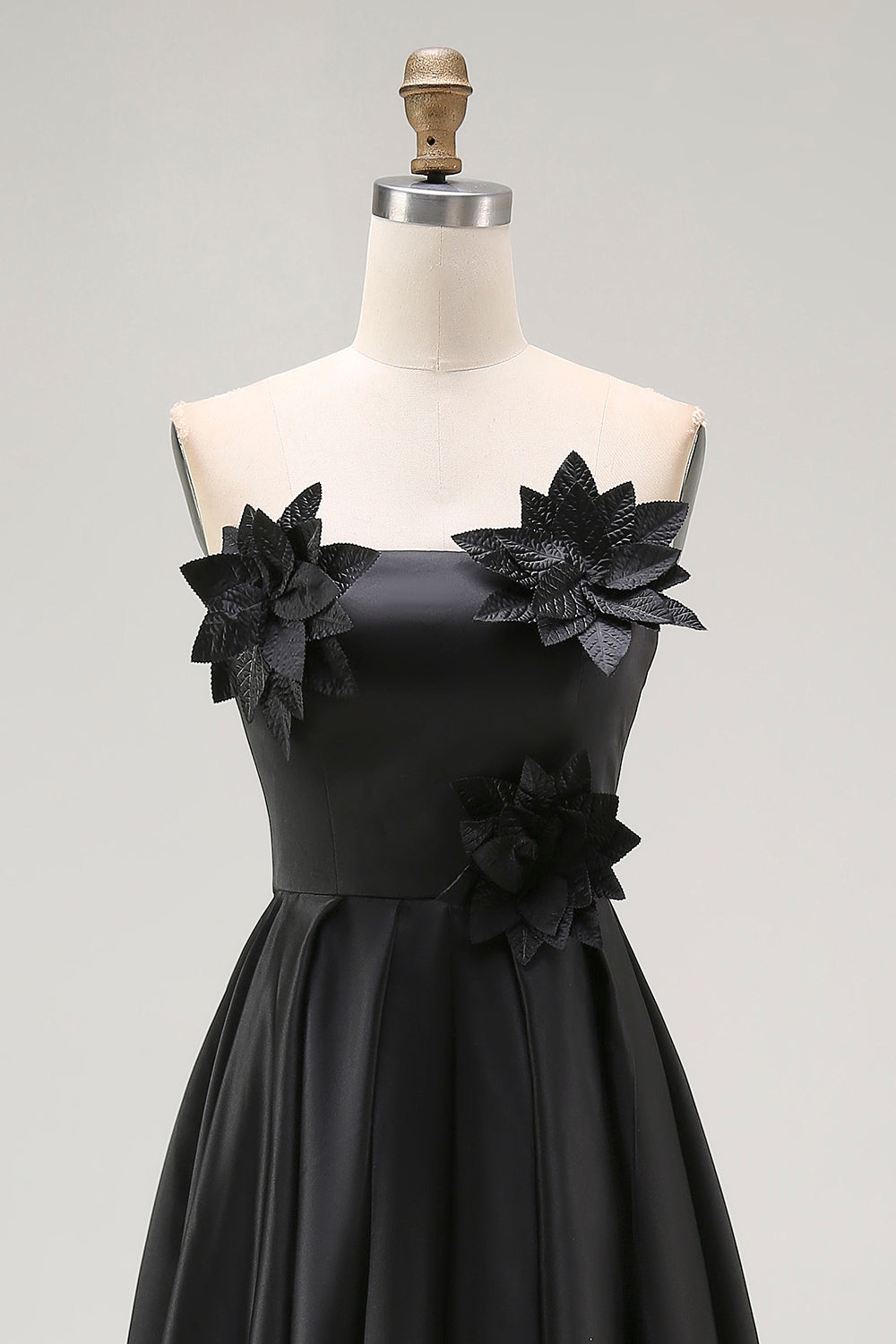 Sparkly Black High-Low A-Line Strapless 3D Flowers Ruffle Satin Formal Dress