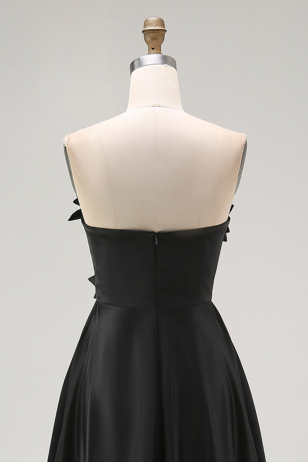Sparkly Black High-Low A-Line Strapless 3D Flowers Ruffle Satin Formal Dress
