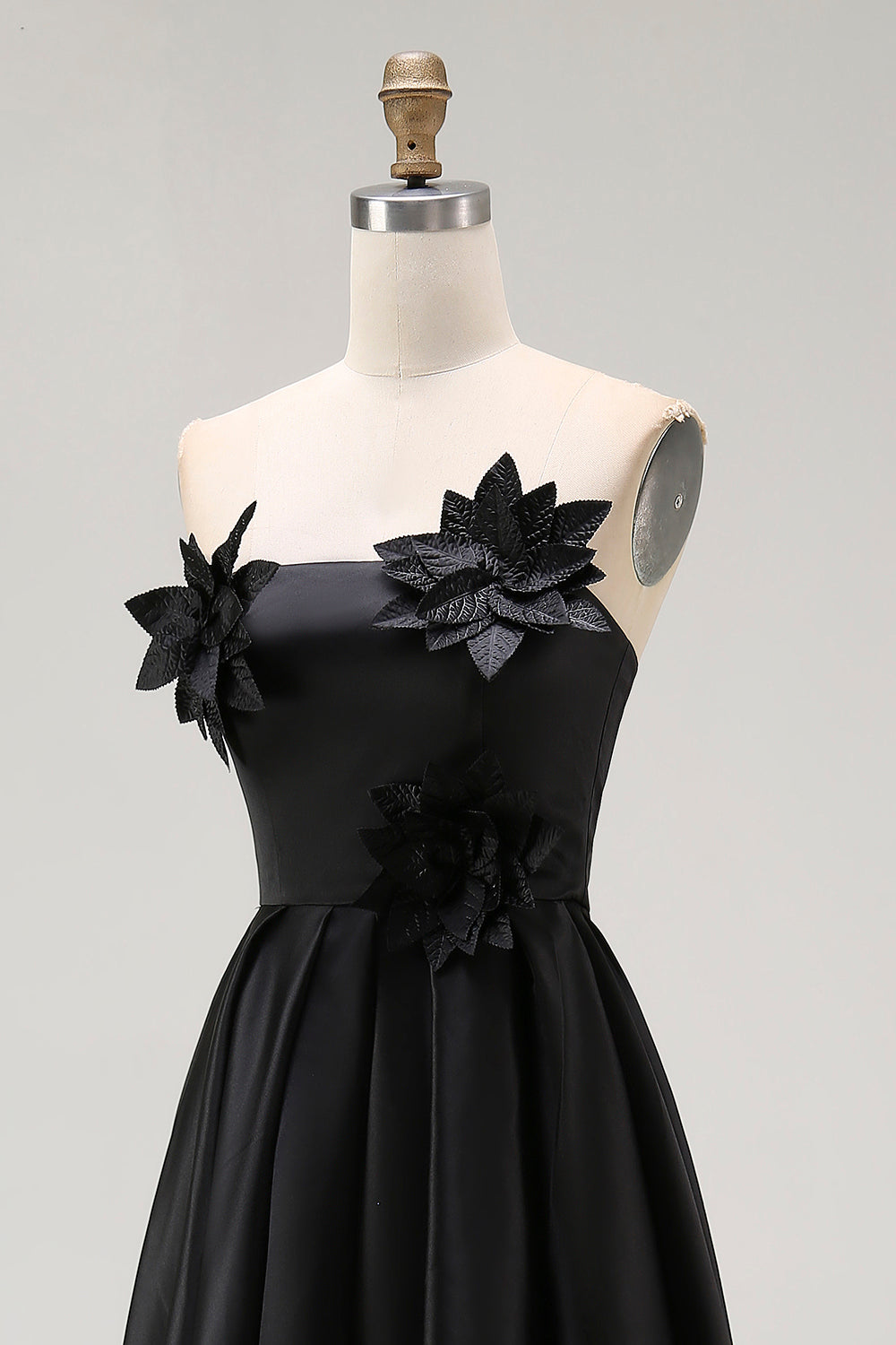 Sparkly Black High-Low A-Line Strapless 3D Flowers Ruffle Satin Formal Dress