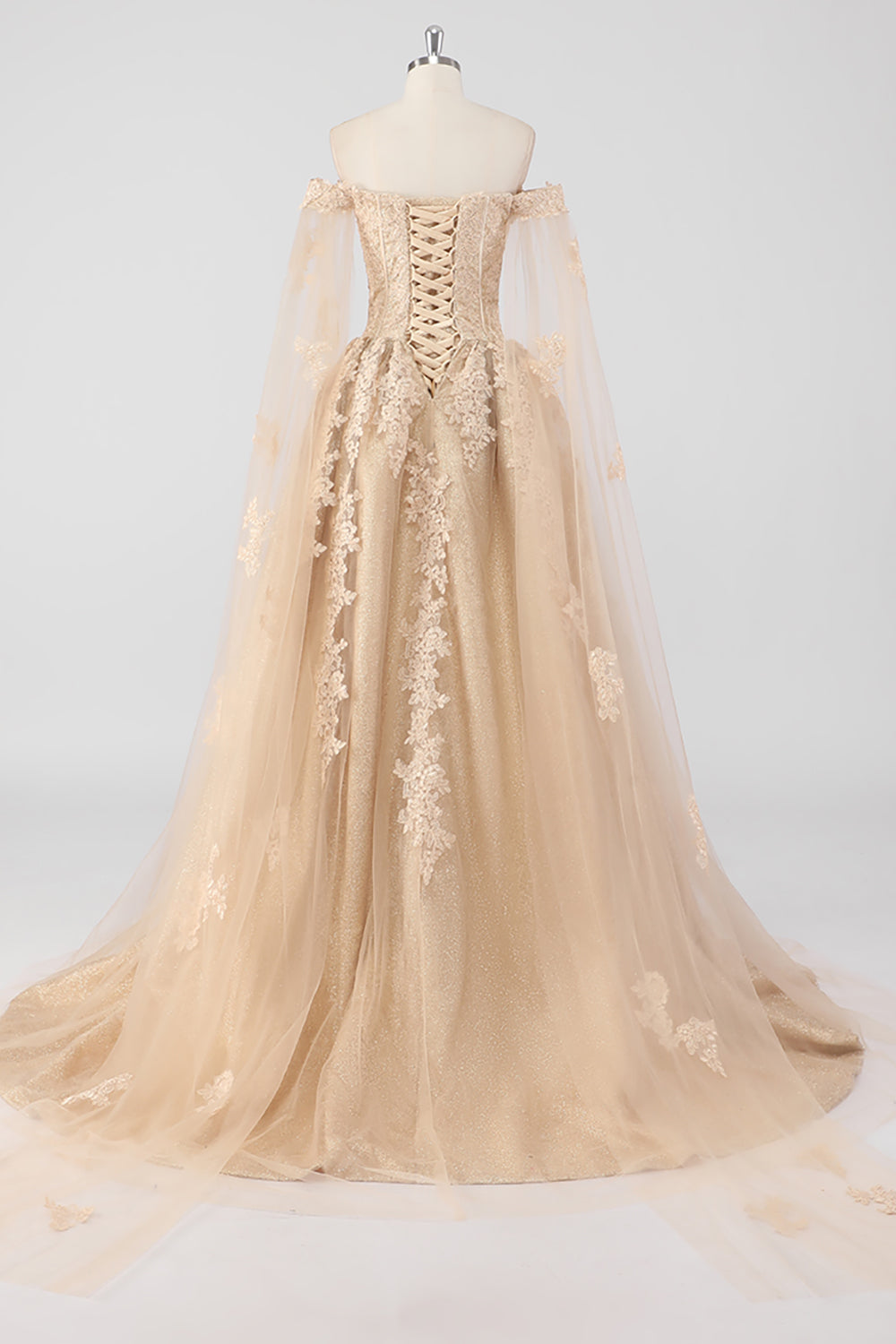 Princess Champagne Off the Shoulder Cape Sleeves Tulle Quinceanera Dress with Appliques