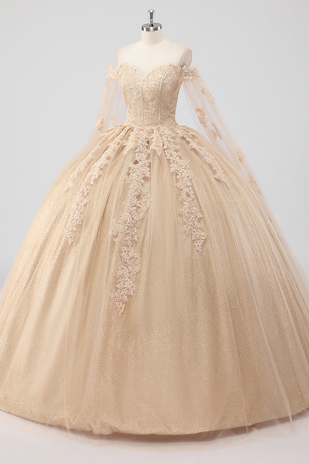 Princess Champagne Off the Shoulder Cape Sleeves Tulle Quinceanera Dress with Appliques