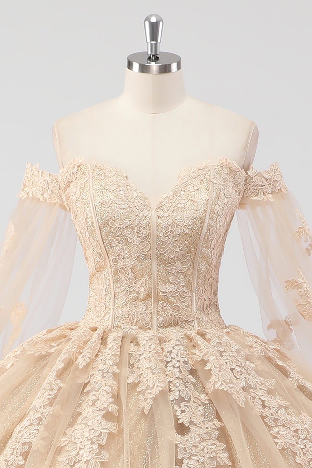 Princess Champagne Off the Shoulder Cape Sleeves Tulle Quinceanera Dress with Appliques