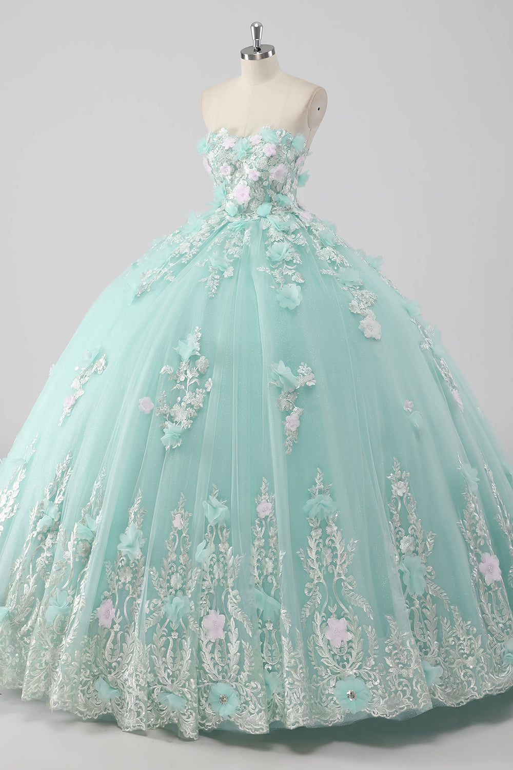 Princess Mint Ball Gown Strapless Tulle Quinceanera Dress with 3D Flowers