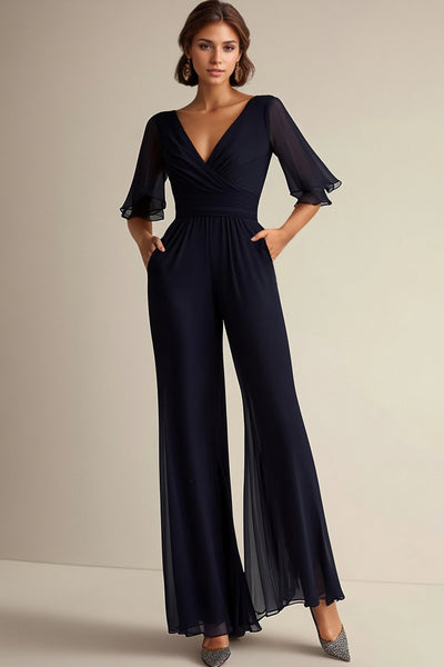 Zapaka Women Navy Formal Dress V-neck Half Sleeves Chiffon Mother