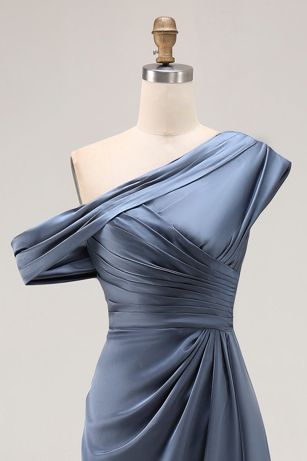 Grey Blue Mermaid One Shoulder Satin Ruched Formal Dress with Ruffles