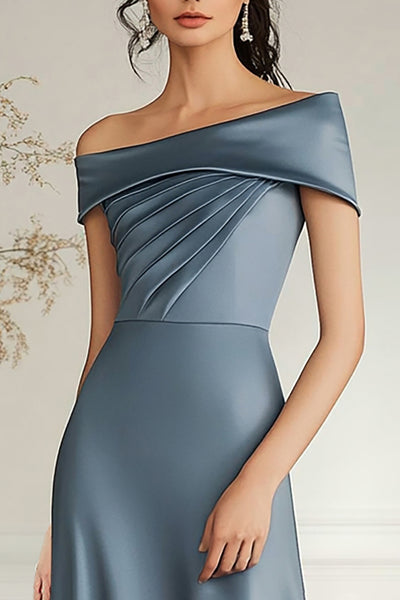 Zapaka Women Grey Blue Long Mother Dress Boat Neck A Line Satin Long Mother Of Bride Dress, Grey Blue / US26W