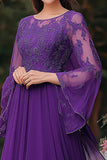 Elegant Purple A Line Shawl Sleeves Mother of the Bride Dress With Appliques