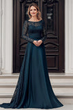 Navy A-Line Scoop Lace Mother of the Bride Dress With Long Sleeves