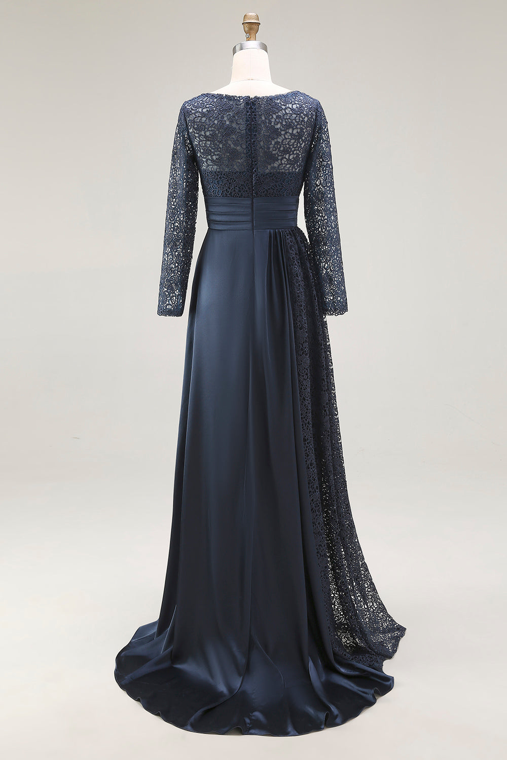 Navy A-Line Scoop Lace Mother of the Bride Dress With Long Sleeves