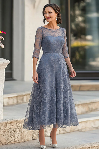 Zapaka Women Dusty Blue Lace A-Line Mother of the Bride Dress Half Sleeves Tea Length Wedding Guest Bride Dress, Grey Blue / US6 Zapaka Women Dusty Blue Lace A-Line Mother of the Bride Dress Half Sleeves Tea Length Wedding Guest Bride Dress, Grey Blue / US6
