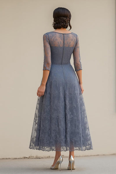 Zapaka Women Dusty Blue Lace A-Line Mother of The Bride Dress Half Sleeves Tea Length Wedding Guest Bride Dress, Grey Blue / US6 Zapaka Women Dusty Blue Lace A-Line Mother of The Bride Dress Half Sleeves Tea Length Wedding Guest Bride Dress, Grey Blue / US6