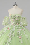 Princess Lemon Green Tulle Ball Gown Long Quinceanera Dress with Appliques