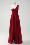 A-Line One Shoulder Ruched Burgundy Long Prom Dress with Slit