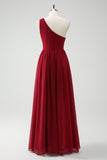 A-Line One Shoulder Ruched Burgundy Long Prom Dress with Slit
