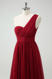 A-Line One Shoulder Ruched Burgundy Long Prom Dress with Slit