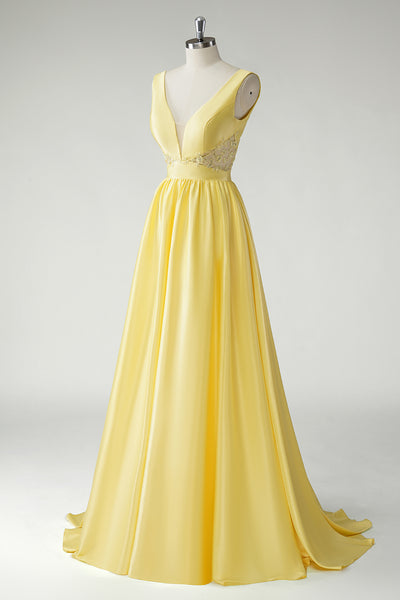 Sleeveless V Neck Yellow Organza Ball Gown Prom Dress LBQ0819