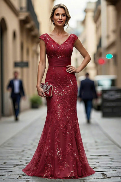 ZAPAKA Women Dark Red Mother of the Bride Dress with Sequins Mermaid V-Neck Embroidered Long Wedding Guest Dress, Dark Red / US12