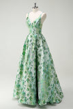 Sparkly Green Floral A-Line Spaghetti Straps Long Prom Dress