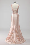 Blush Satin Mermaid Sequin Ruched Long Prom Dress with Slit
