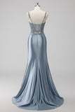 Blush Satin Mermaid Sequin Ruched Long Prom Dress with Slit
