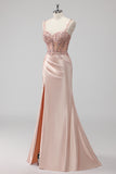 Blush Satin Mermaid Sequin Ruched Long Prom Dress with Slit