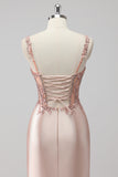 Blush Satin Mermaid Sequin Ruched Long Prom Dress with Slit
