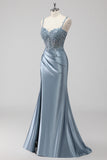 Blush Satin Mermaid Sequin Ruched Long Prom Dress with Slit