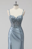 Blush Satin Mermaid Sequin Ruched Long Prom Dress with Slit