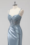 Blush Satin Mermaid Sequin Ruched Long Prom Dress with Slit