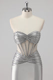 Grey Beaded Strapless Satin Mermaid Long Prom Dress with Slit