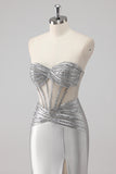 Grey Beaded Strapless Satin Mermaid Long Prom Dress with Slit
