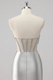 Grey Beaded Strapless Satin Mermaid Long Prom Dress with Slit