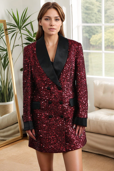 Zapaka Women's Blazer with Sequins Glitter Burgundy Bodycon Maxi Jacket, Burgundy / M