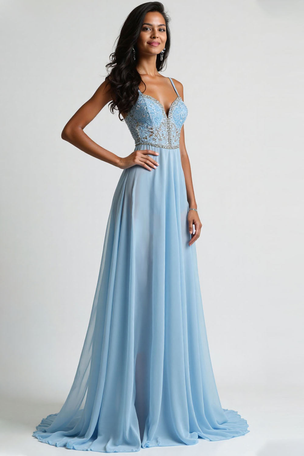 Light Blue Corset Spaghetti Straps A Line Floor Length Prom Dress