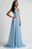Light Blue Corset Spaghetti Straps A Line Floor Length Prom Dress