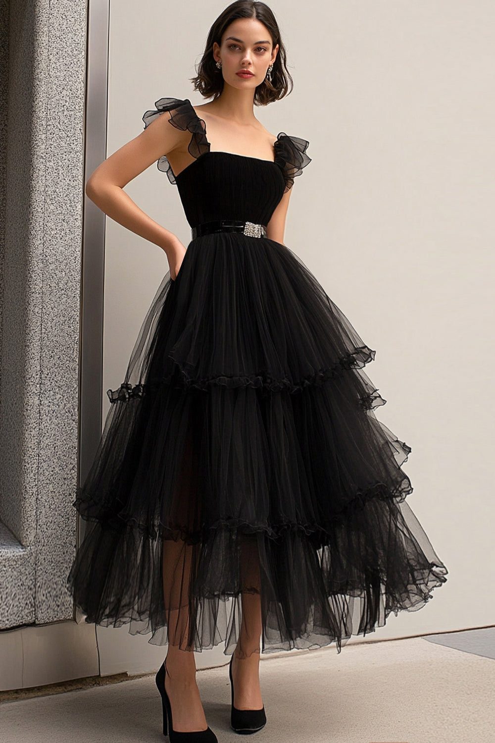Black A Line Spaghetti Straps Tulle Formal Dress With Belt