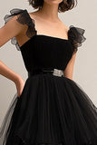 Black A Line Spaghetti Straps Tulle Formal Dress With Belt