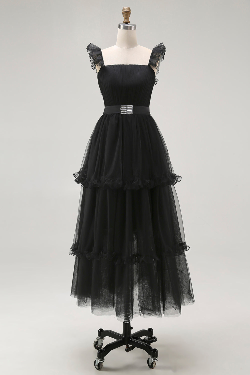 Black A Line Spaghetti Straps Tulle Formal Dress With Belt