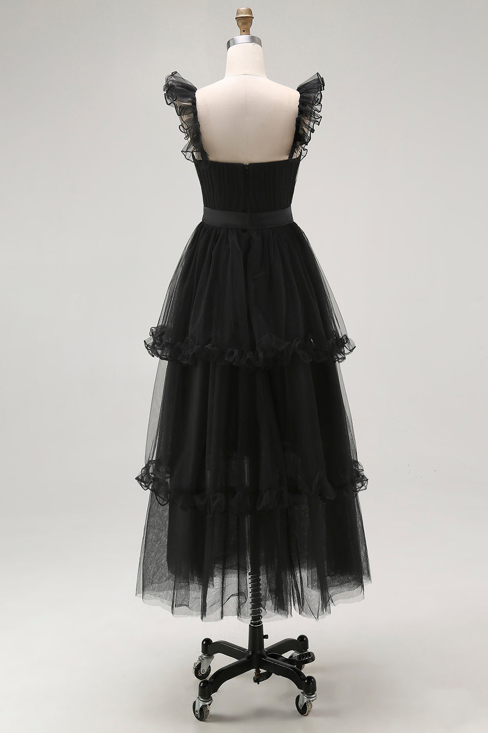 Black A Line Spaghetti Straps Tulle Formal Dress With Belt