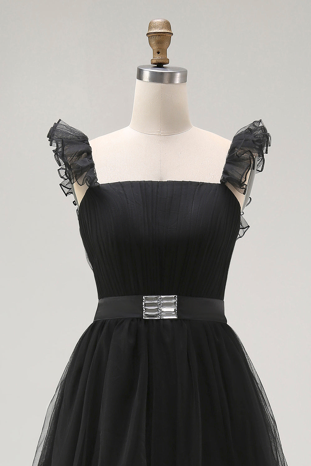 Black A Line Spaghetti Straps Tulle Formal Dress With Belt