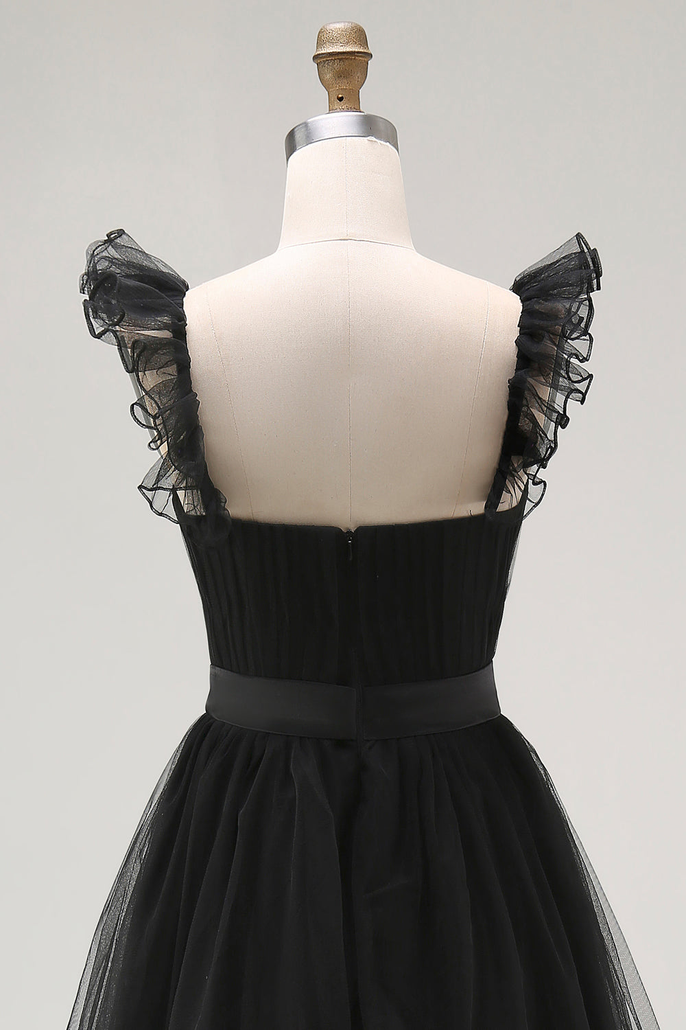 Black A Line Spaghetti Straps Tulle Formal Dress With Belt