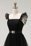 Black A Line Spaghetti Straps Tulle Formal Dress With Belt