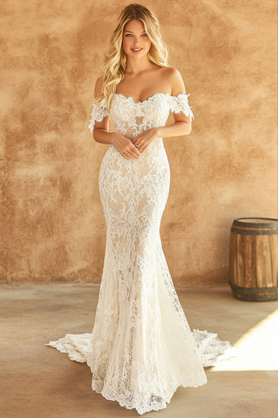 ZAPAKA Women White Long Wedding Dress Mermaid Off the Shoulder Lace Bridal Dress, Ivory / US2 ZAPAKA Women White Long Wedding Dress Mermaid Off the Shoulder Lace Bridal Dress, Ivory / US2