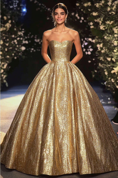 Zapaka Women Gold Red Carpet Dress A Line Metallic Satin Sequins Strapless Long Gala Ball Dress, Golden / US12