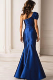 Dark Blue Mermaid Satin One Shoulder Military Ball Dress